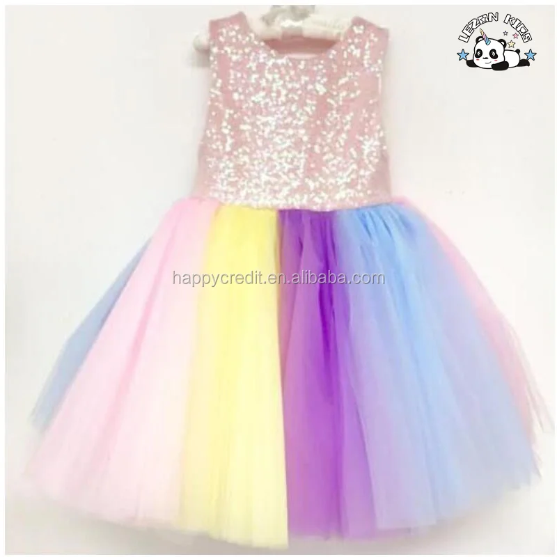 LEZONKIDS - Vestido Rosa de Lantejoulas para Meninas, Vestido de Malha Arco-íris para Festa Noturna, Vestido de Princesa para Crianças